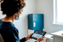 Woman in a blue shirt and face mask reviewing data on a tablet in a modern office setting. Focused on analytics and digital workspace with a clean, minimalist design.