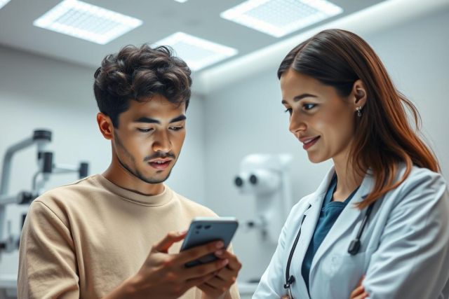Doctor consults with a patient in a modern clinic. A young man examines his phone while a female doctor in a white coat provides guidance. Bright, clean environment with medical equipment visible in the background. Healthcare, consultation, and technology themes.