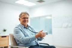 Senior doctor in a modern clinic, wearing a stethoscope and glasses. He's seated, smiling, in a light blue shirt. The bright, clean environment suggests a healthcare setting. Professional portrait, medical professional, healthcare.