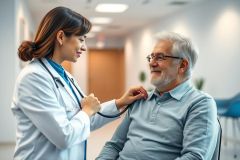 Healthcare scene: A female doctor in a white coat uses a stethoscope to examine an elderly man in a modern clinic or hospital hallway. Warm lighting and a clean, neutral color palette create a reassuring atmosphere. Focus on patient care and medical checkup.