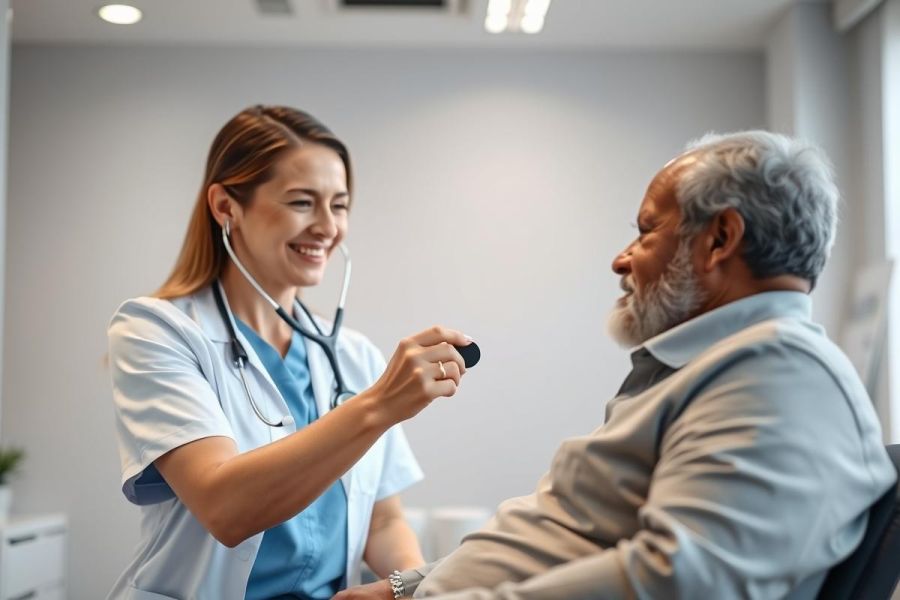Healthcare professional using a stethoscope to examine a senior man during a medical consultation. Warm lighting and a neutral background create a comforting scene focused on patient care and geriatric health. Image depicts doctor, patient, and medical examination.