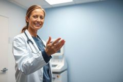 Smiling female doctor in a light blue medical clinic, wearing a white lab coat and stethoscope. She appears to be applauding or gesturing near diagnostic equipment. Healthcare professional in a modern, clean examination room setting. #doctor #healthcare #medical #clinic