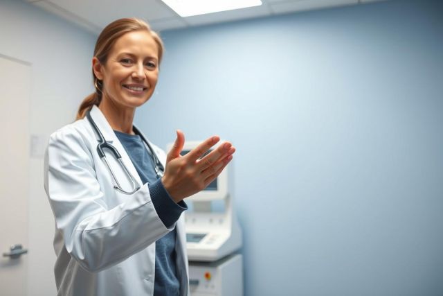 Smiling female doctor in a light blue medical clinic, wearing a white lab coat and stethoscope. She appears to be applauding or gesturing near diagnostic equipment. Healthcare professional in a modern, clean examination room setting. #doctor #healthcare #medical #clinic
