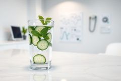 Refreshing cucumber and mint infused water in a glass, set on a white marble surface. A bright, modern office or workspace background with charts and a laptop. Cool green tones and a clean aesthetic evoke health, wellness, and hydration.