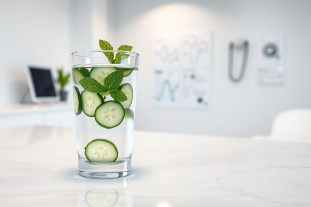 Refreshing cucumber and mint infused water in a glass, set on a white marble surface. A bright, modern office or workspace background with charts and a laptop. Cool green tones and a clean aesthetic evoke health, wellness, and hydration.