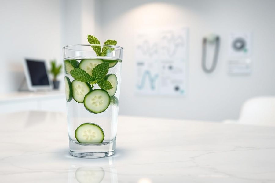 Refreshing cucumber and mint infused water in a glass, set on a white marble surface. A bright, modern office or workspace background with charts and a laptop. Cool green tones and a clean aesthetic evoke health, wellness, and hydration.