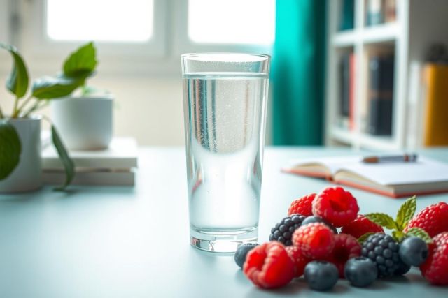 Fresh raspberries and blueberries arranged next to a glass of water on a table.  A notebook, pen, and plant create a bright, natural setting.  Ideal for food, summer, or healthy lifestyle themes.