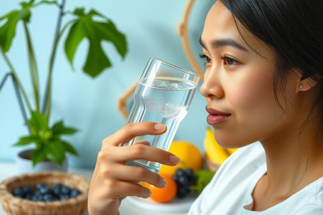 The image features a woman sitting at a table, drinking water from a glass. She is surrounded by various fruits and plants on the table. The woman appears to be focused on the act of drinking and there's a serene and healthy atmosphere conveyed through the natural elements in the scene.
