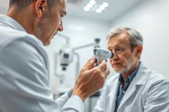 Doctor examining an elderly patient's eye with a handheld diagnostic tool in a modern, bright medical clinic. Focus on eye health, geriatric care, and medical examination. White coats and clean, clinical environment.