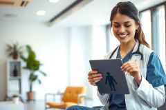 Healthcare professional in scrubs examining a patient's chart on a tablet in a modern clinic.  A warm, inviting space with natural light and greenery promotes a positive patient experience.  Focus on digital healthcare and patient care.
