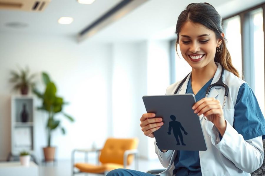 Healthcare professional in scrubs examining a patient's chart on a tablet in a modern clinic. A warm, inviting space with natural light and greenery promotes a positive patient experience. Focus on digital healthcare and patient care.