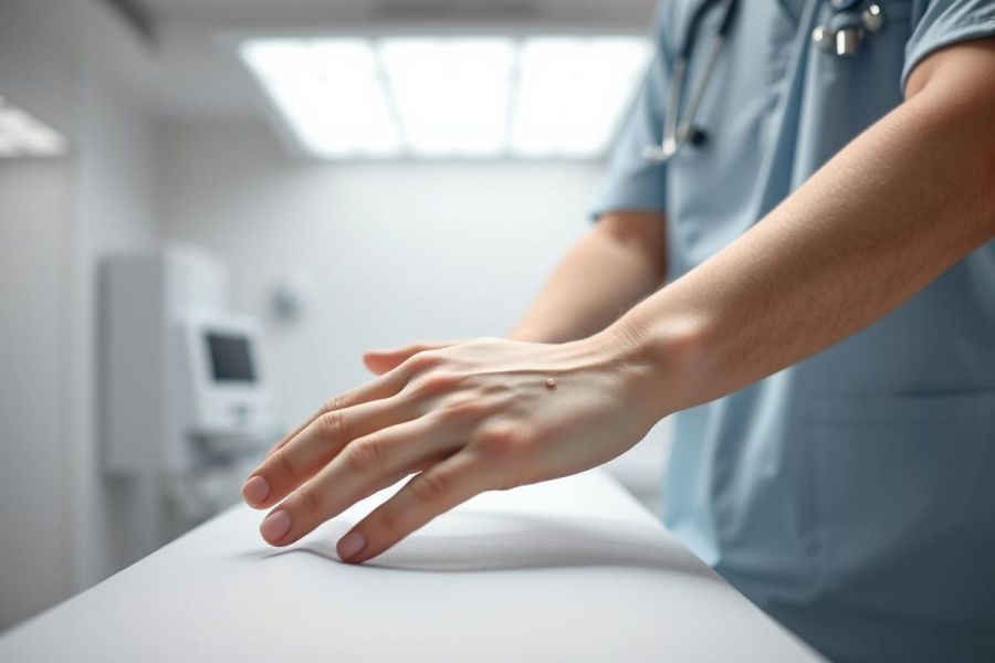 Healthcare professional in blue scrubs sanitizing hands at a white medical counter. Sterile environment with natural light from a skylight. Focus on hygiene and patient safety in a clinic or hospital setting. Medical concept, clean, professional.