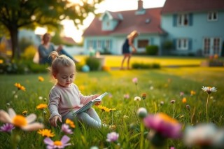 The image portrays a young child sitting on grass, engrossed in reading a book. 