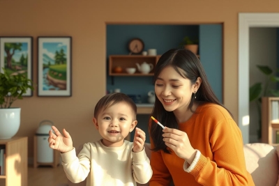The image shows a woman and a young child indoors, likely in a living room. The woman is smiling and appears to be interacting with the child. They are both seated on comfortable furniture, suggesting a casual, home setting. The scene has warm tones, emphasizing the domestic atmosphere. There are decorative items such as artwork on the wall that adds to the lived-in feel of the space.