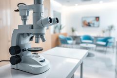 Close-up of a laboratory microscope on a white table, set in a bright, modern medical office or clinic. The scene features soft blue seating and a blurred background with a television, suggesting a waiting area. The image evokes science, healthcare, and research with a clean, professional aesthetic.