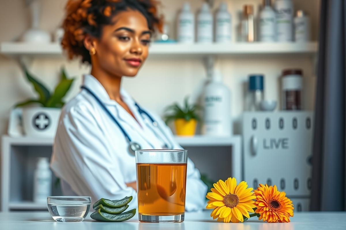 The image shows a woman in a white lab coat seated at a counter with various natural health products. She is smiling and appears to be offering advice or guidance related to natural remedies, indicated by the presence of items like herbs, flowers, and cups which suggest tea or other drinks. 