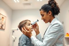 A female doctor examines a young boy's eyes in a bright, modern medical clinic. She uses an ophthalmoscope, while he looks directly ahead. The scene conveys pediatric healthcare and eye exam services in a clean, professional setting. Warm lighting and neutral colors dominate.