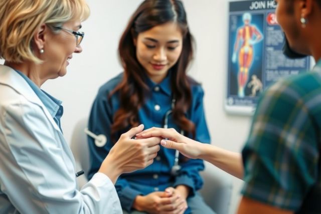 Doctor examining a patient's hand. Healthcare setting, close-up, medical consultation, professional care, diagnostic checkup.