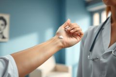 Doctor applying ointment to patient's wrist in a medical setting. Blue walls and a stethoscope suggest healthcare. Focus on skin treatment and medical care.