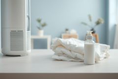 Clean, minimalist bedroom scene featuring a white air purifier, neatly folded white bedding, and a lotion bottle on a white surface. Soft blue walls and plants create a calming, fresh atmosphere. Focus on air quality and a serene home environment.