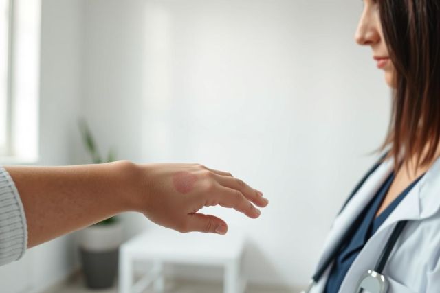 Doctor examining a patient's hand in a bright, modern medical office. The image shows a healthcare professional in a white coat and stethoscope assessing a hand with a visible bruise. Focus on patient care and medical examination in a clinical setting.