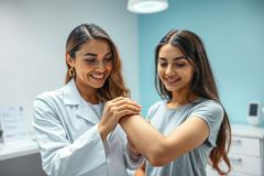A smiling female doctor in a white coat examines a patient's arm in a bright, modern medical office. The scene features a calming blue wall and a focus on healthcare and patient care.  Friendly interaction and wellness are evident.