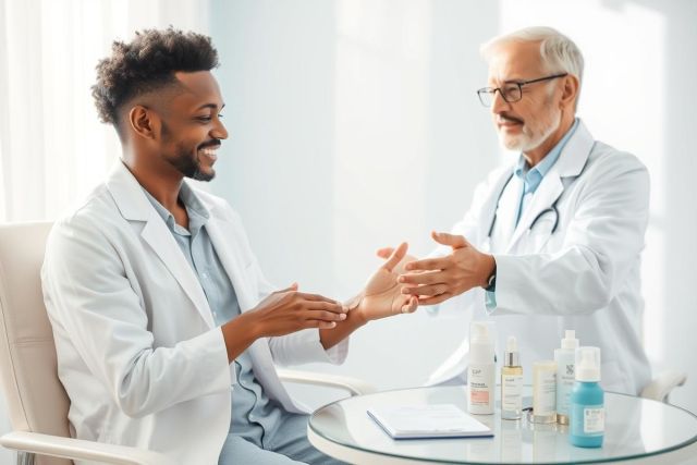 Two doctors in white coats shaking hands in a bright, modern medical office. A table displays skincare products. Represents healthcare consultation, collaboration, and potentially dermatology or cosmetic procedures. Clean, professional environment with light blue and white tones.