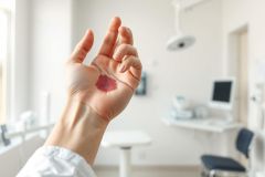 Close-up of a hand with a red lipstick stain on the palm, set in a blurred medical office or clinic background. Features a white coat and medical equipment, suggesting a healthcare or beauty context.