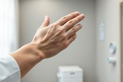 Close-up of a fair-skinned hand with a visible scrape or injury on the wrist, set against a blurred, neutral-toned office or interior background. The image features soft lighting and a focus on the hand's texture and the injury, suggesting potential topics like first aid, skin health, or minor accidents.