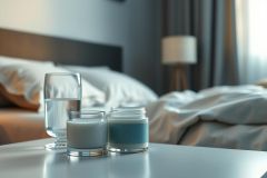 Cozy bedroom scene with a glass of water and skincare products on a nightstand. Soft, natural light illuminates a blurred bed and curtains, creating a relaxing and peaceful atmosphere. Focus on self-care and wellness.