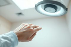 Medical examination scene. Hands in blue scrubs clasped together beneath a bright surgical lamp in a sterile white room. Focus on healthcare, medical procedure, and clinical environment. Soft lighting and close-up view.