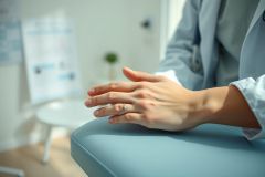 Close-up of hands resting on a blue chair in a modern office or therapy setting. Soft lighting and neutral colors create a calm, professional atmosphere. Focus on hands suggests consultation, discussion, or a counseling session. Healthcare, business, or therapy concepts.