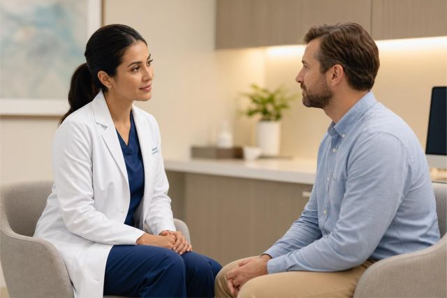 Doctor consulting with patient in a calm clinic consultation room, discussing treatment and cost options.