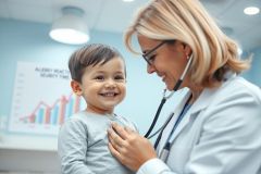 A smiling pediatrician examines a young boy in a bright, modern clinic. The doctor uses a stethoscope, focused on the child's heart. Healthcare, child wellness, and medical checkup themes are visible in the blue and white environment.