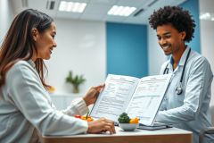 Doctor and patient discussing a nutrition plan in a bright, modern healthcare setting. Focus on healthy eating and medical consultation. Blue and white tones with a bowl of fresh fruit add a vibrant touch. Represents wellness and preventative care.