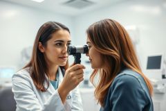 An optometrist examines a patient's eyes in a modern, bright clinic. The doctor, wearing a white coat, uses an ophthalmoscope during an eye exam. Focus is on eye health, vision care, and professional medical checkups. Light blue and white tones dominate the scene.
