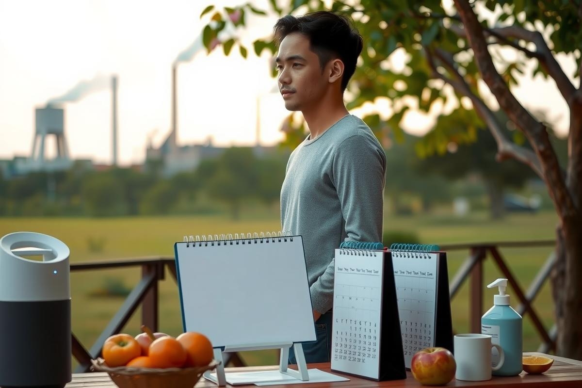 The image features a young man standing in front of a table displaying various items, likely related to technology and organization. The setting appears to be outdoors during daylight hours.