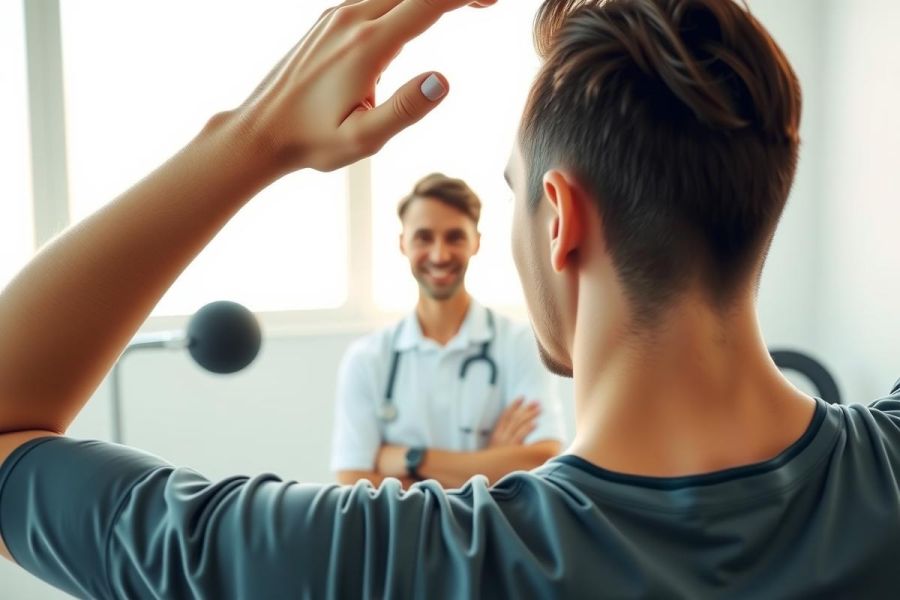Doctor and patient in consultation. Healthcare professional in white coat speaks with a man during an appointment. Bright, modern medical office setting.