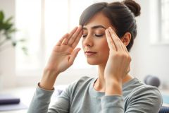 Close-up of a young woman with her hands on her temples, suggesting stress or a headache. The image features a bright, natural light interior with a modern, minimalist aesthetic and hints of greenery. It conveys themes of wellness, pain relief, and self-care.