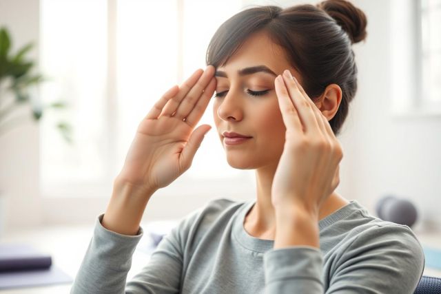 Close-up of a young woman with her hands on her temples, suggesting stress or a headache. The image features a bright, natural light interior with a modern, minimalist aesthetic and hints of greenery. It conveys themes of wellness, pain relief, and self-care.