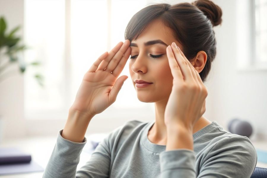 Close-up of a young woman with her hands on her temples, suggesting stress or a headache. The image features a bright, natural light interior with a modern, minimalist aesthetic and hints of greenery. It conveys themes of wellness, pain relief, and self-care.