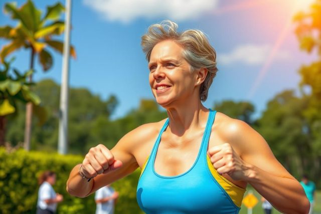 The image depicts a middle-aged woman with short gray hair, wearing a blue and yellow sports top, who appears to be in motion. She is running or possibly exercising outdoors during the daytime.