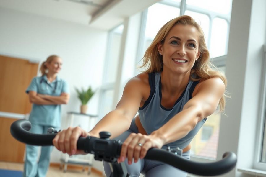 Woman exercising on a stationary bike in a healthcare setting, possibly physical therapy. Blue workout clothes, medical professional in background. Focus on fitness and recovery.
