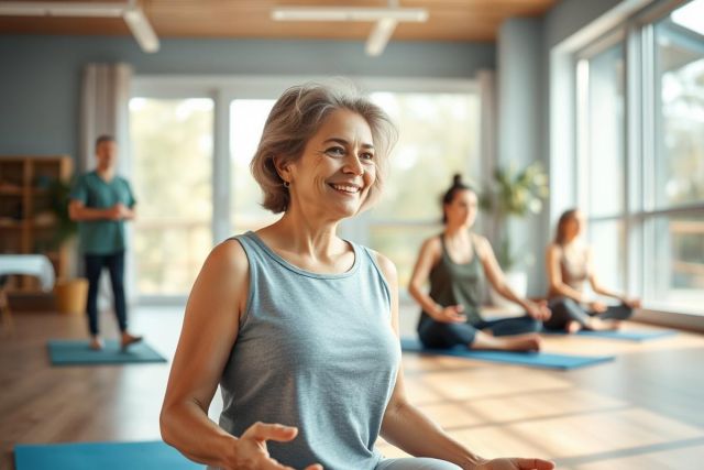 Yoga class in a bright studio. A smiling woman in gray is seated on a blue mat, surrounded by other participants. Natural light streams through large windows, creating a peaceful, wellness atmosphere. Fitness, exercise, and mindful movement.