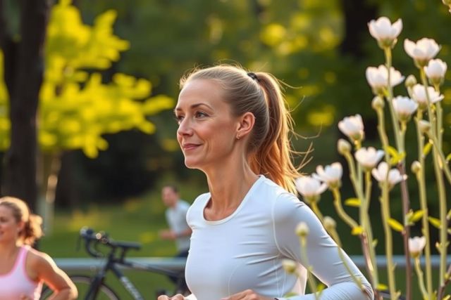 The image shows a woman jogging on what appears to be an urban pathway during daylight hours. She is wearing a white sports top and has her hair tied back, indicating she's engaged in physical activity. The environment suggests an urban park or green space with well-maintained grassy areas and trees providing a pleasant, shaded setting for exercise.