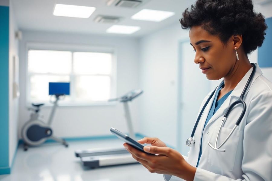 A female doctor in a white coat and stethoscope examines a tablet in a modern, bright medical clinic. The scene includes exercise equipment and a clean, blue-accented interior, suggesting a focus on wellness and patient care.