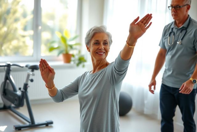 Senior woman exercises with a healthcare professional in a bright, modern fitness room. Focus on balance and physical therapy. Warm lighting and a positive atmosphere.