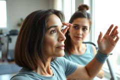 Fitness class featuring a woman instructor and a participant in a bright, modern gym setting. Focus on active lifestyle, wellness, and exercise. Warm tones and a dynamic pose convey energy and motivation for health and fitness goals.