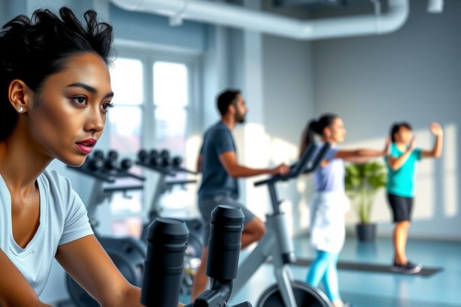 Group fitness class in a modern gym. Individuals are cycling on stationary bikes. The scene features a vibrant blue and green color scheme with focus on athletic activity and wellness.