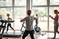 Group fitness class in a bright, modern gym. Women exercising with dumbbells and on treadmills near large windows. Healthy lifestyle, workout, and fitness training concept. Natural light, activewear, and a focus on wellness.